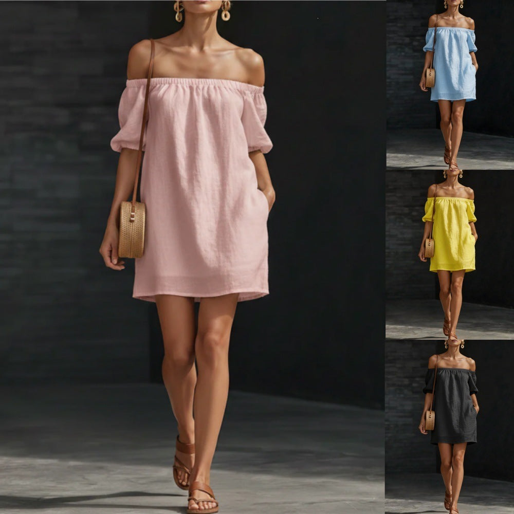 A woman wearing a cotton linen off-shoulder puff-sleeve mini dress in soft pink, with variations in blue, yellow, and black visible.