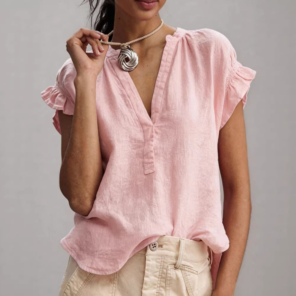 Cotton-Linen V-Neck Top with Petal Sleeves