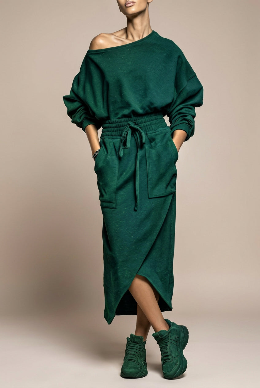 Off-Shoulder Top & Drawstring Long Skirt Set with Pockets