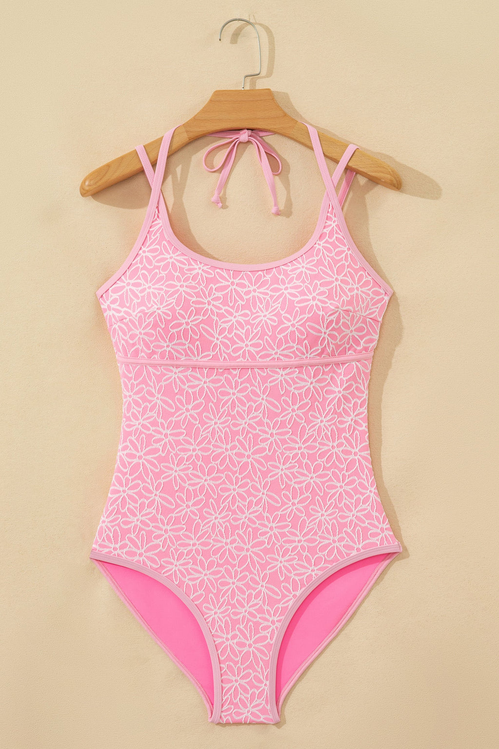 Pink Corded Flower Texture Halterneck One-Piece Swimsuit