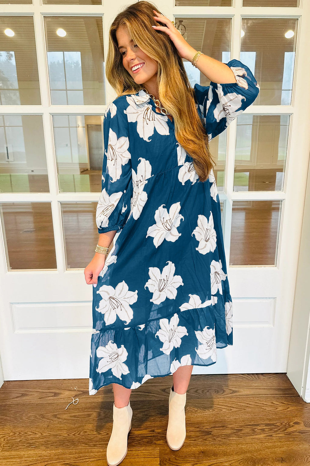 Blue Floral Print Shift Midi Dress - V Neck 3/4 Sleeve