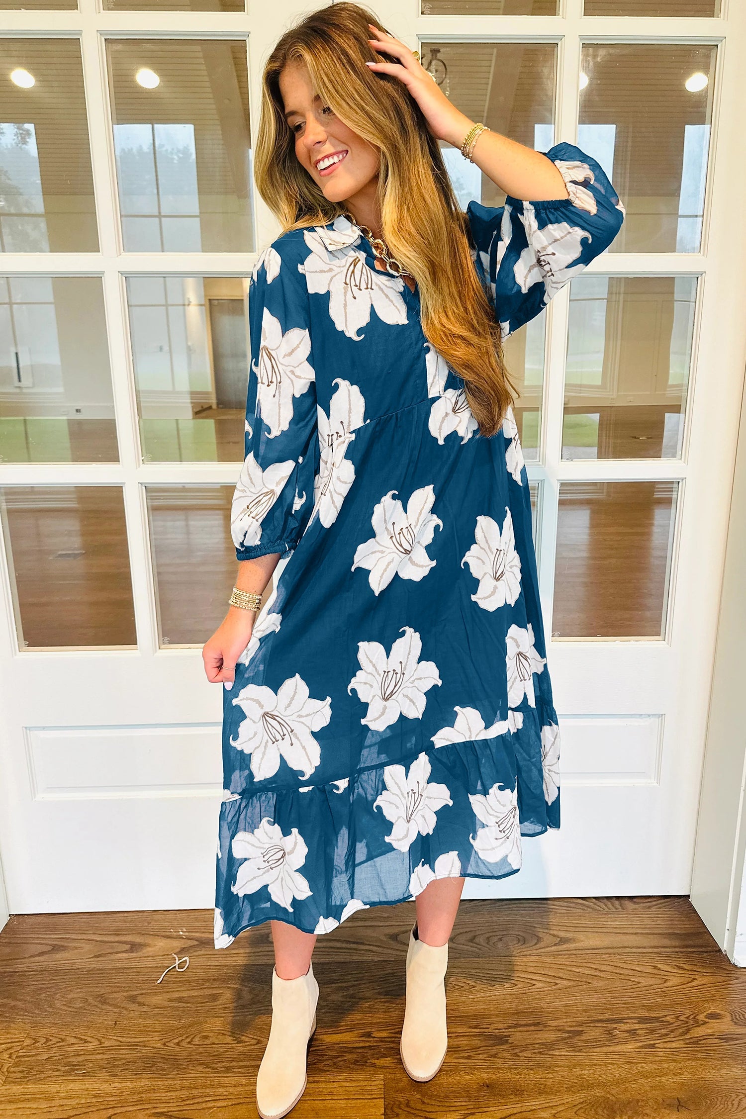 Blue Floral Print Shift Midi Dress - V Neck 3/4 Sleeve