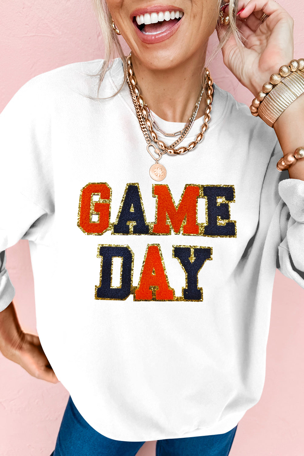 White Chenille GAME DAY Letter Terry Flocking Sweatshirt