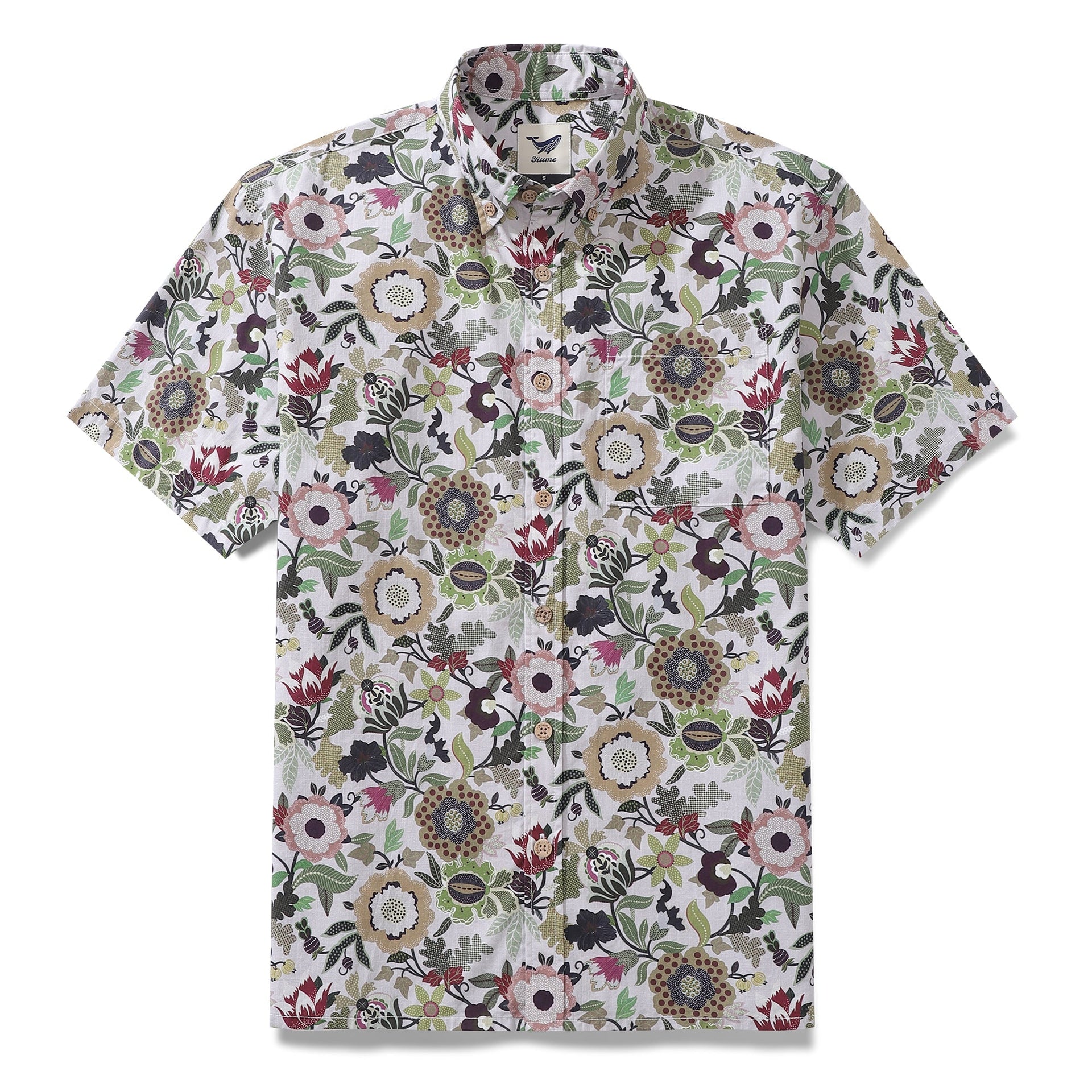 Close up of a men's button-down shirt featuring a detailed Jacobean-inspired floral print in forest-green and burgundy.