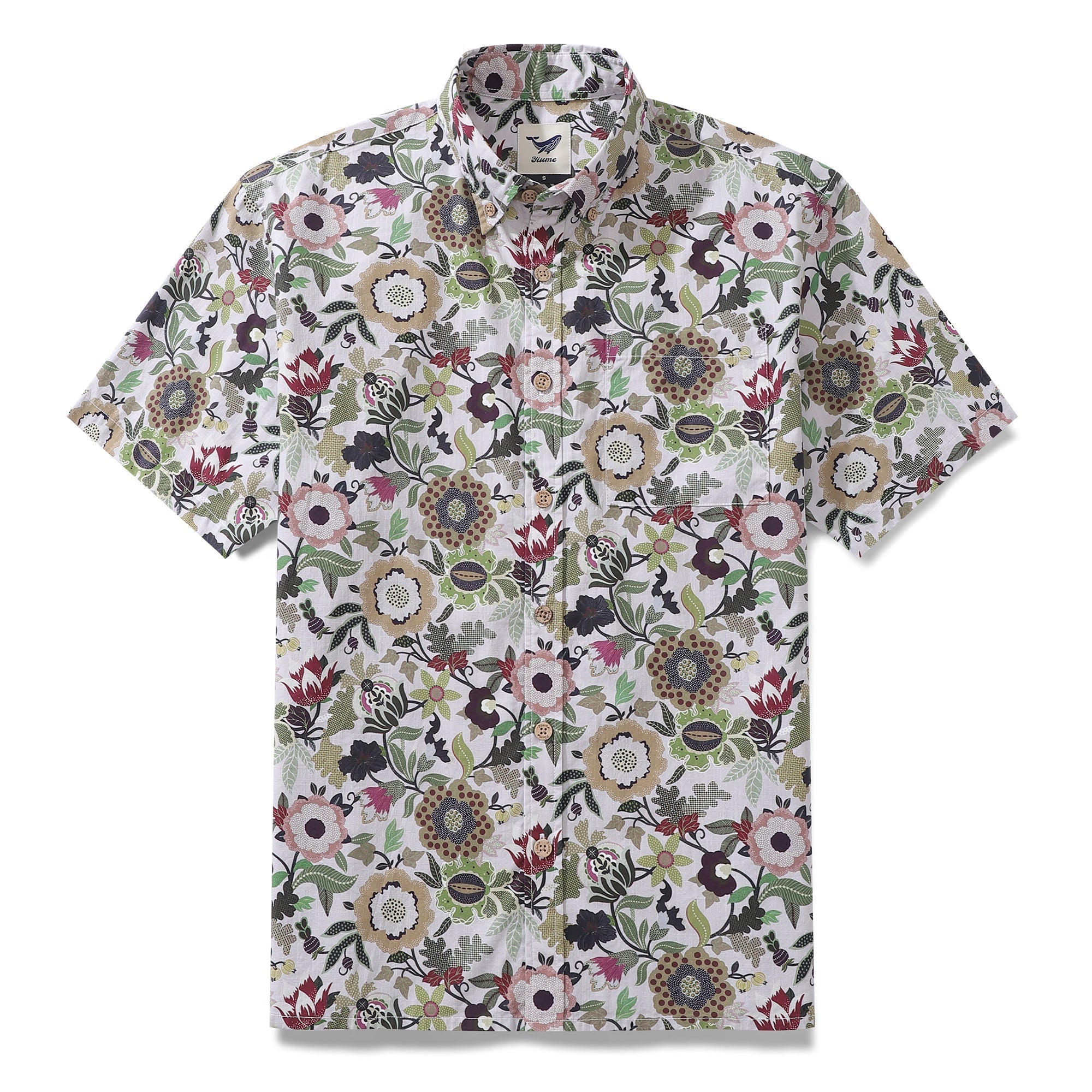 Close up of a men's button-down shirt featuring a detailed Jacobean-inspired floral print in forest-green and burgundy.