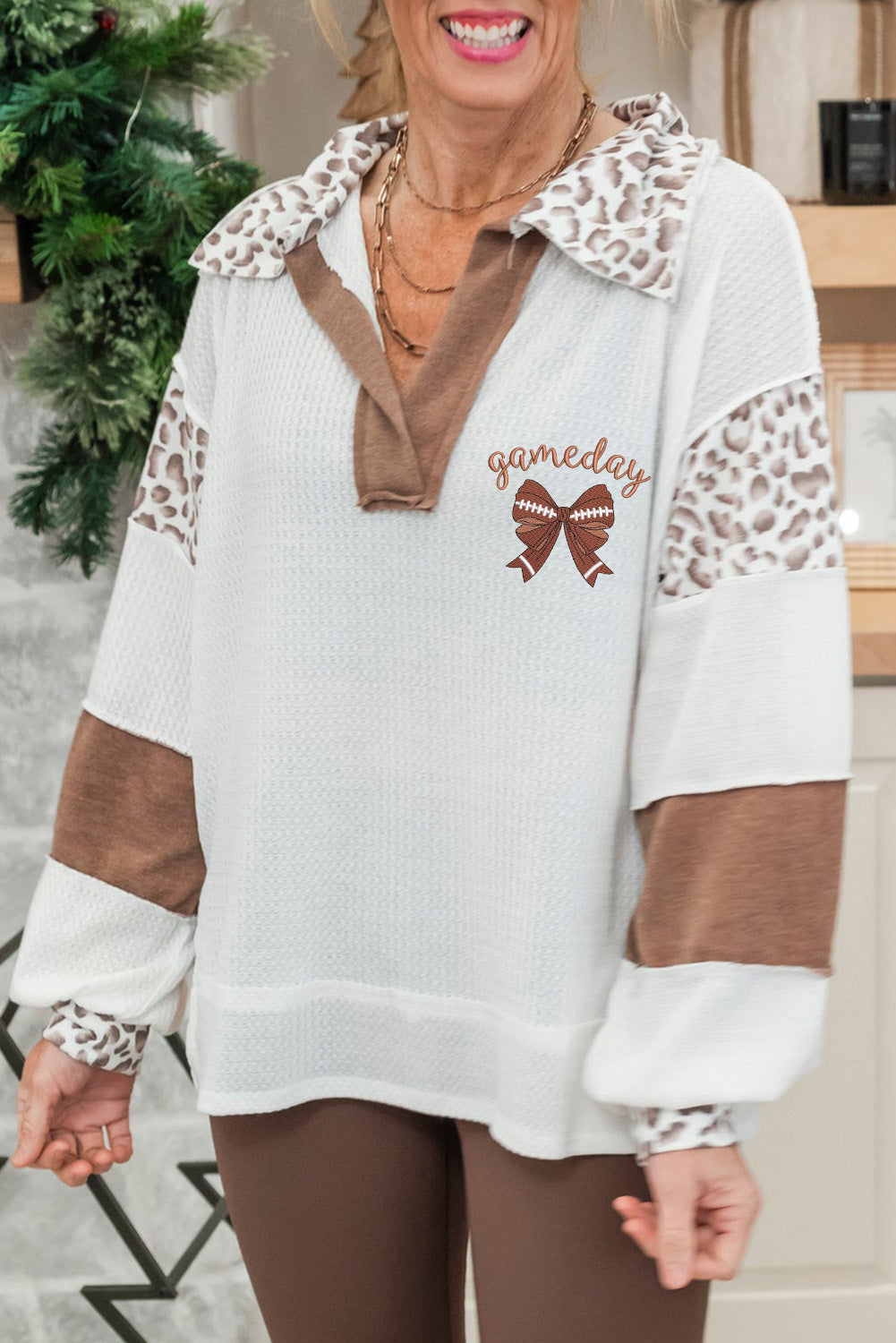 White Rugby Bow Embroidered Leopard Collar Color Block Patchwork Top