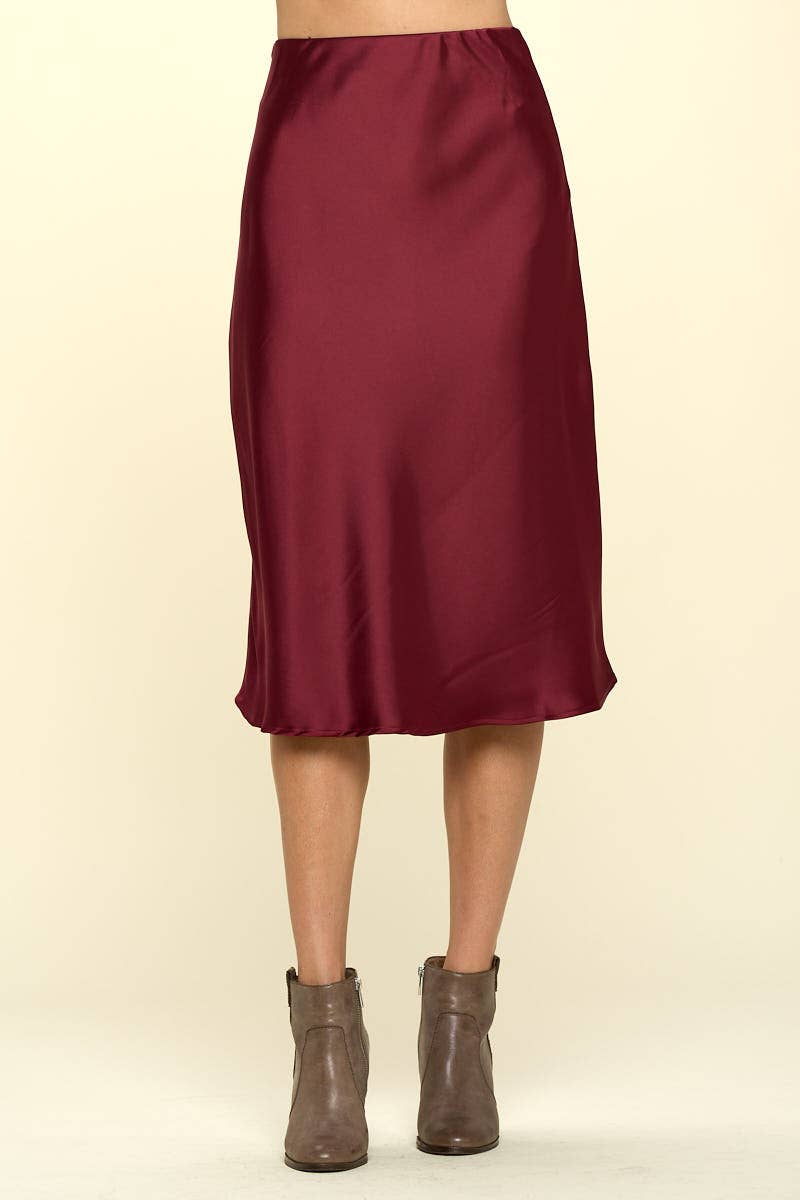 Women's Solid Satin Midi Skirt - Made in USA Burgundy Slip Skirt