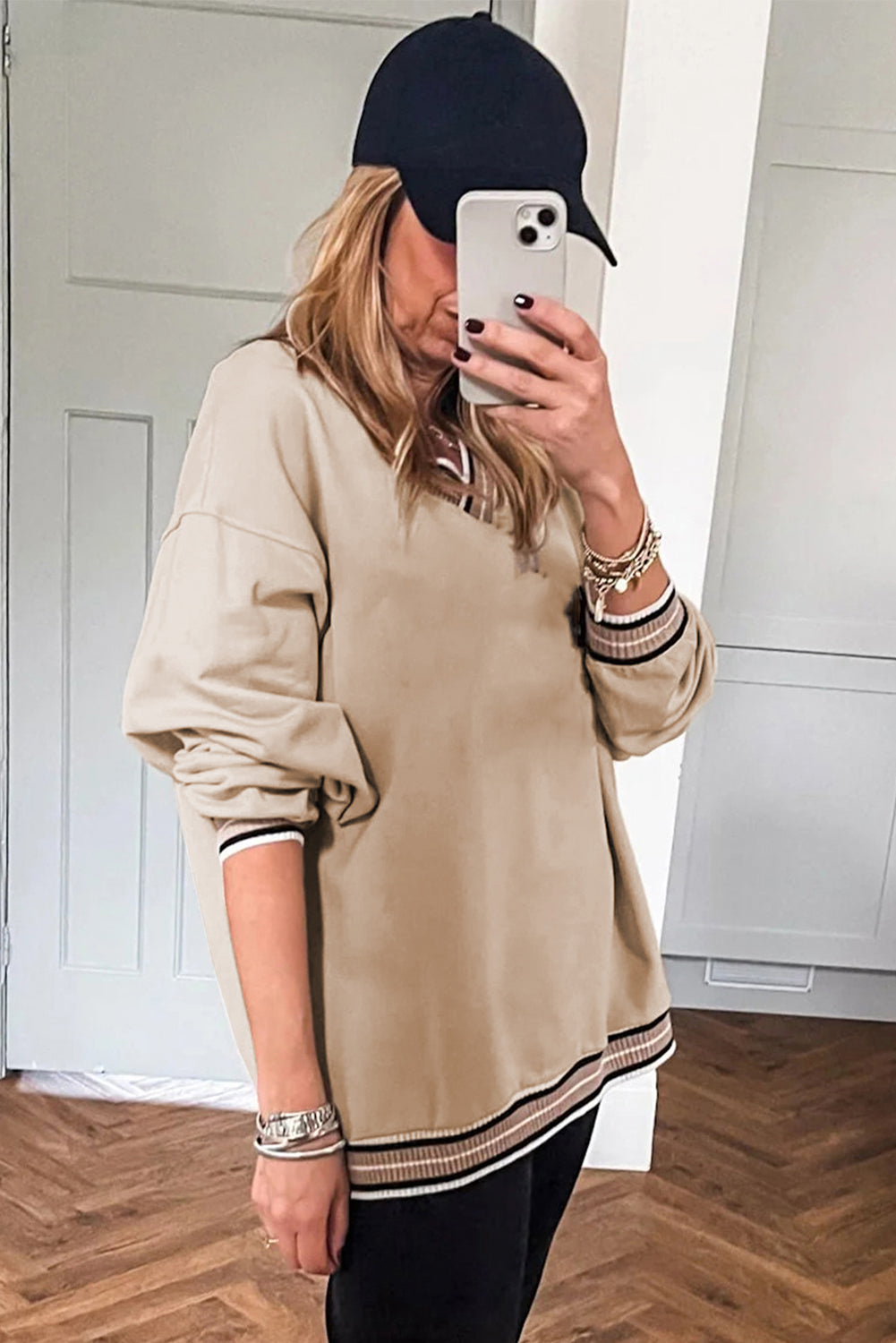 Gray Varsity Contrast Trim V Neck Sweatshirt
