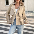 Women's Khaki Drawstring Waist Utility Coat Lightweight Jacket - Image 5