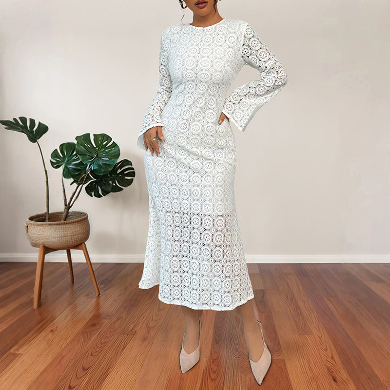 White slim-fit fishtail midi dress with lace detailing