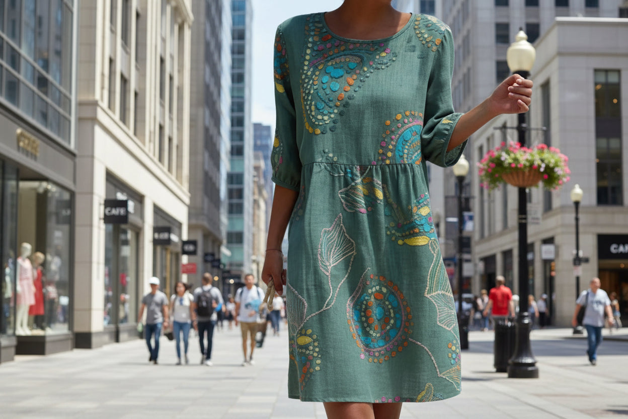 Women's 3D Floral Print Midi Dress Crew Neck Long Sleeve - Image 2