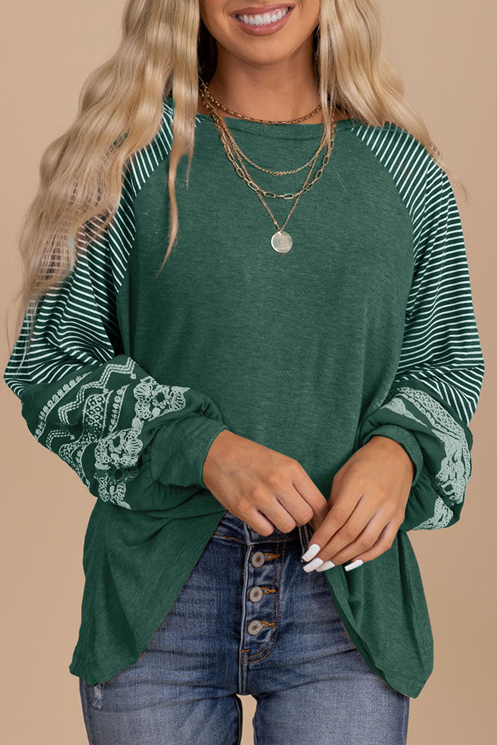 Tillandsia Purple Contrast Print Striped Raglan Long Sleeve Loose Top