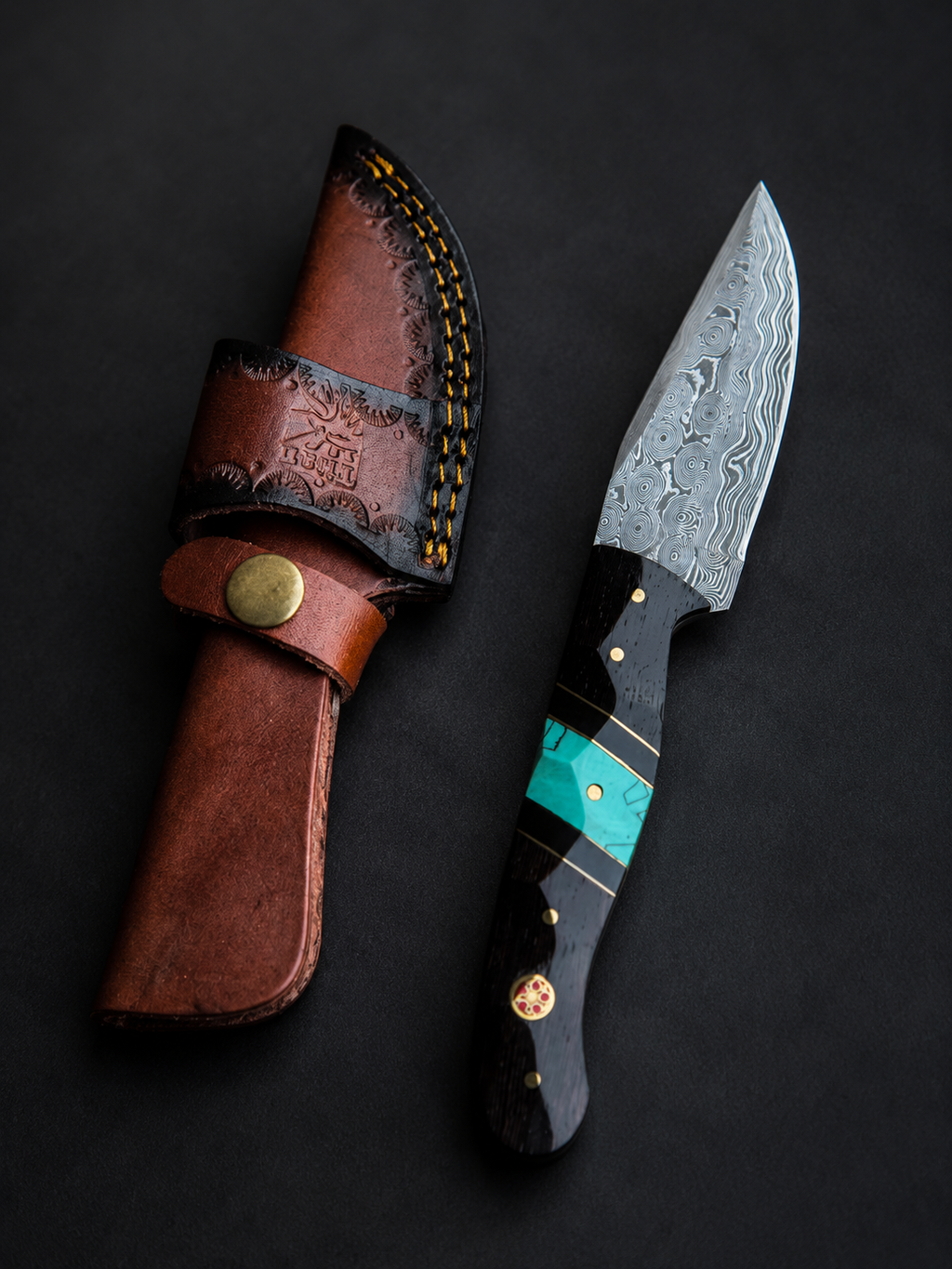 Shadowstone Damascus Hunter Knife with Leather Handle - TK-520