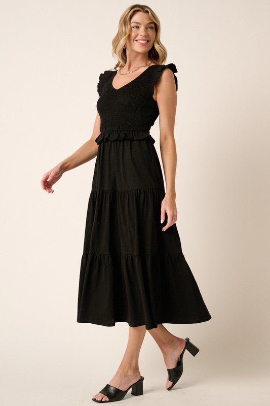 Smocked Ruffled Tiered Midi Dress