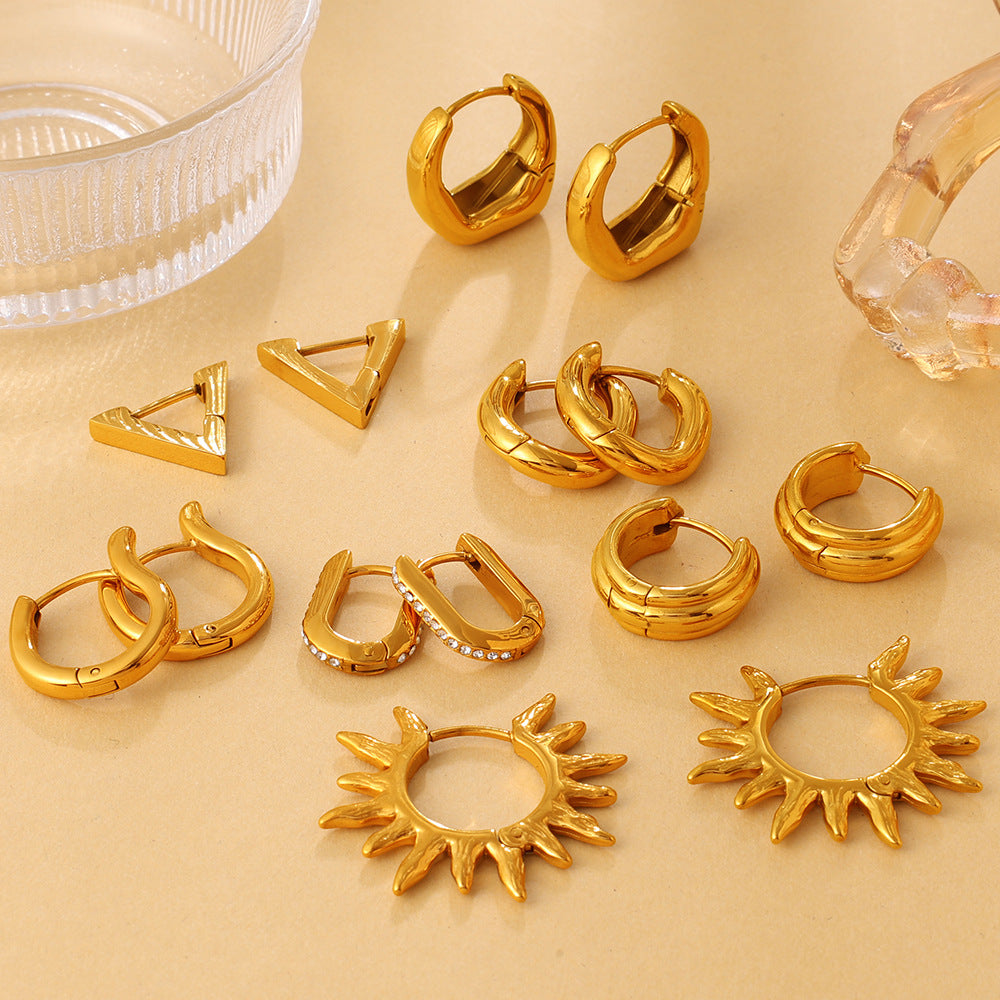 Fashion Vacation Style Geometric U-Shape & Triangle Earrings, Gold Color Fade-Resistant Sun Design, Daily Commute Earrings For Women
