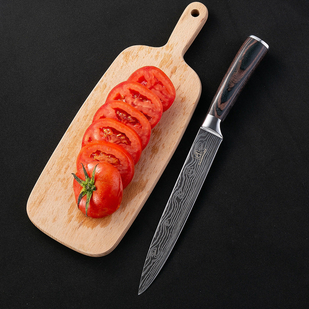 Modern Damascus Style Kitchen Knife Set Silver Brown Black