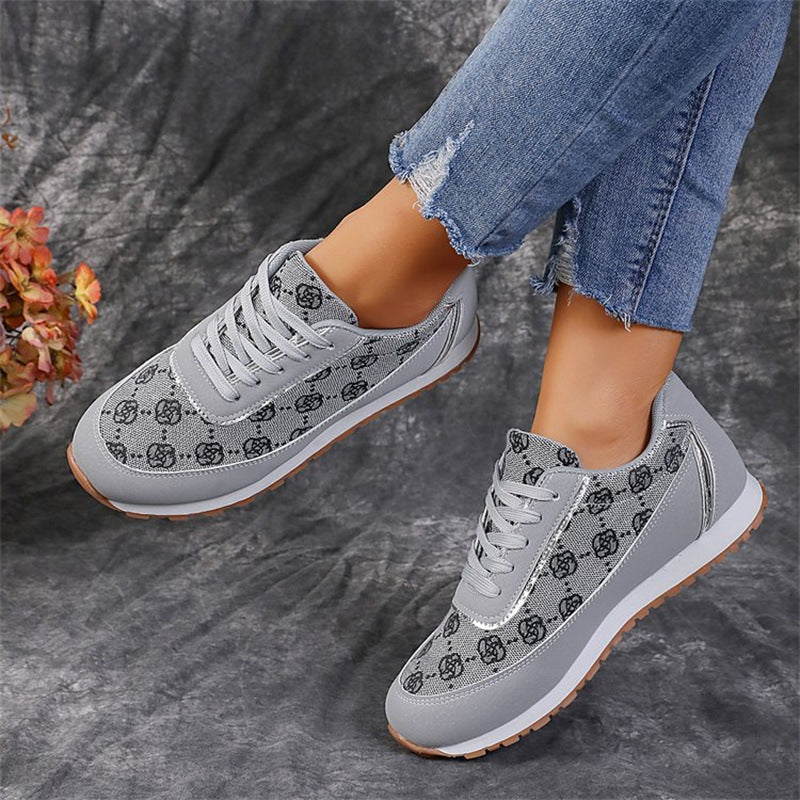 Women's Floral Print Lace-Up Sneakers Comfortable Casual Shoes