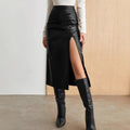 Solid High-Waisted Faux Leather Split Midi Skirt - Image 4