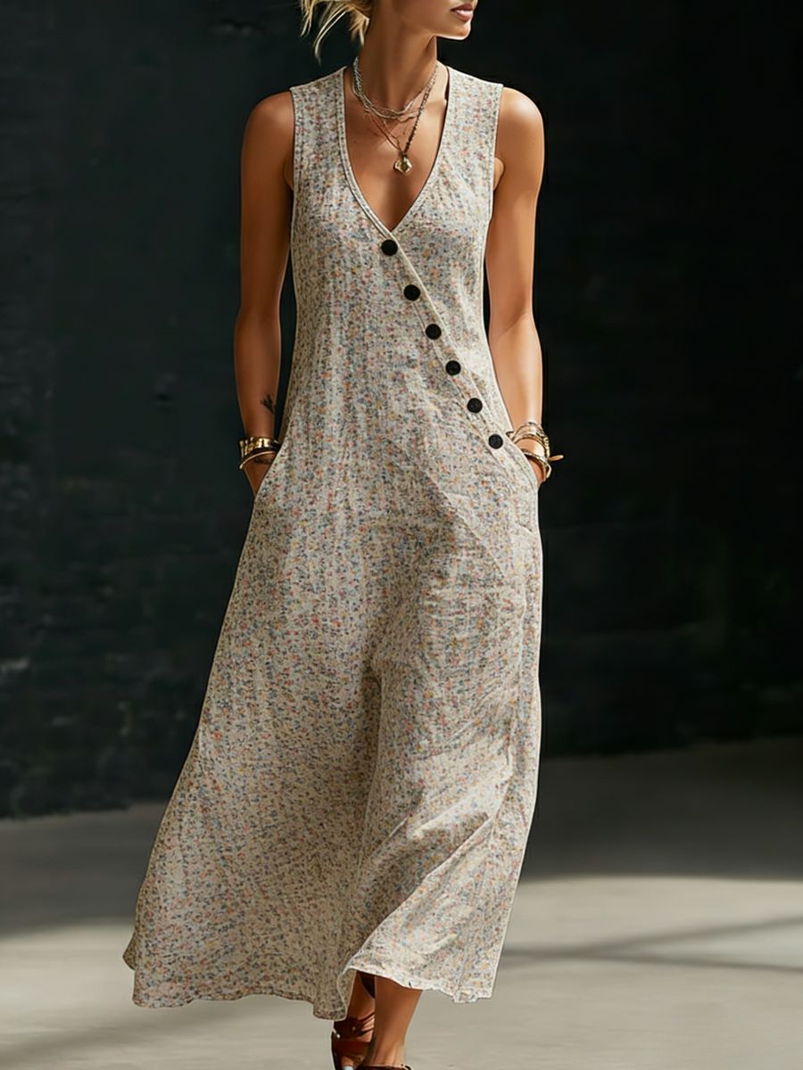 Women’s V-Neck Button-Detail Shirt and Wide-Leg Pants Set