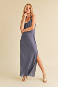 Elegant satin maxi cami dress with side slit and cutout back design