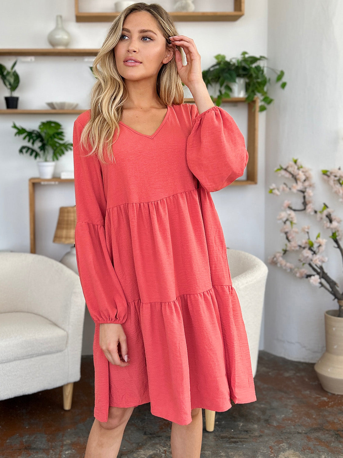 Light Green V-Neck Tiered Midi Dress with Side Pockets