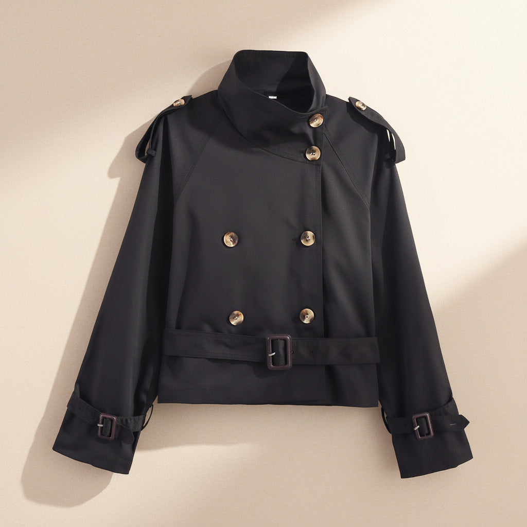 Women's Short Trench Coat with Notch Collar and Belt Buckle - Image 5