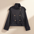 Women's Short Trench Coat with Notch Collar and Belt Buckle - Image 5