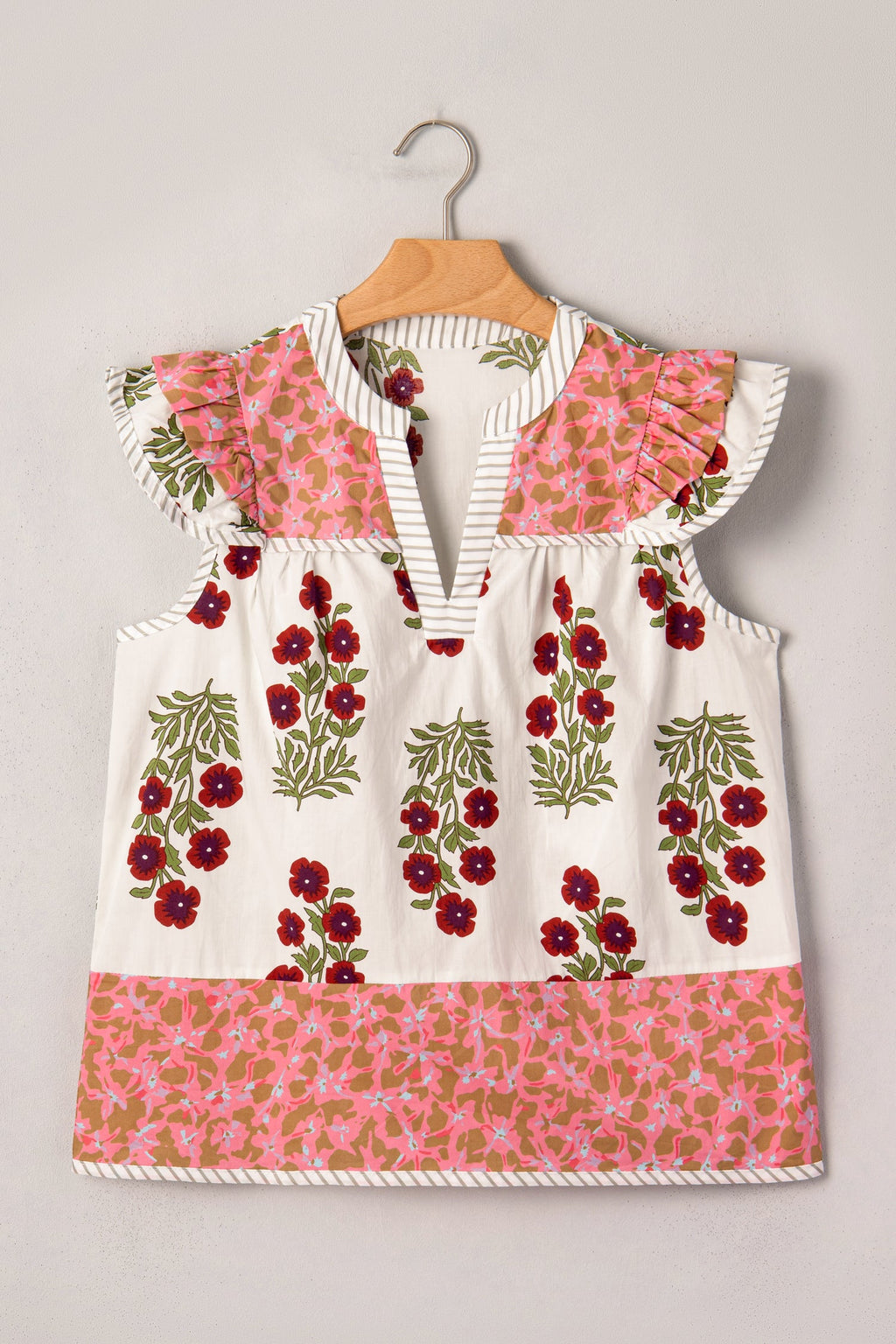 Floral Contrast Stripe Trim Flutter Sleeve Cotton Blouse