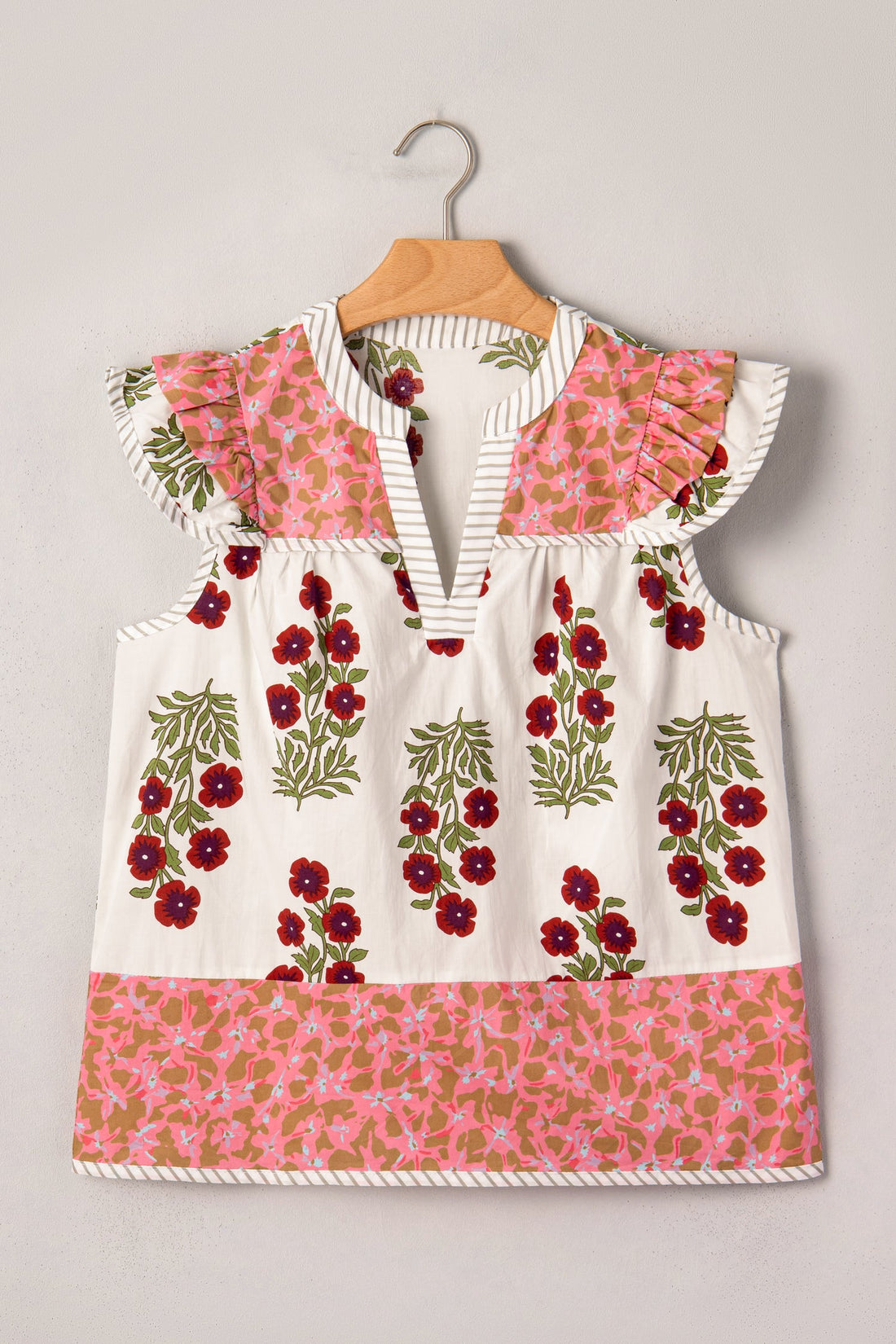 Floral Contrast Stripe Trim Flutter Sleeve Cotton Blouse