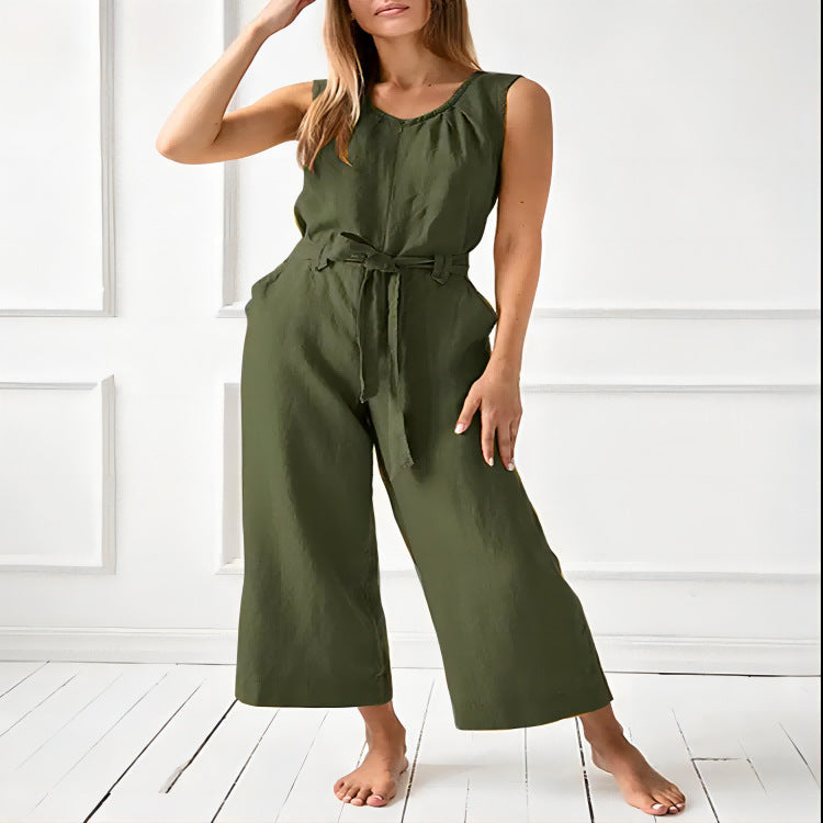 Women's Sleeveless Cotton Tie-Waist Jumpsuit Wide Leg
