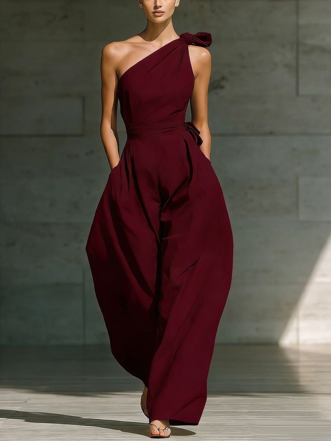 Women's One-Shoulder Belted Wide-Leg Jumpsuit - Image 11
