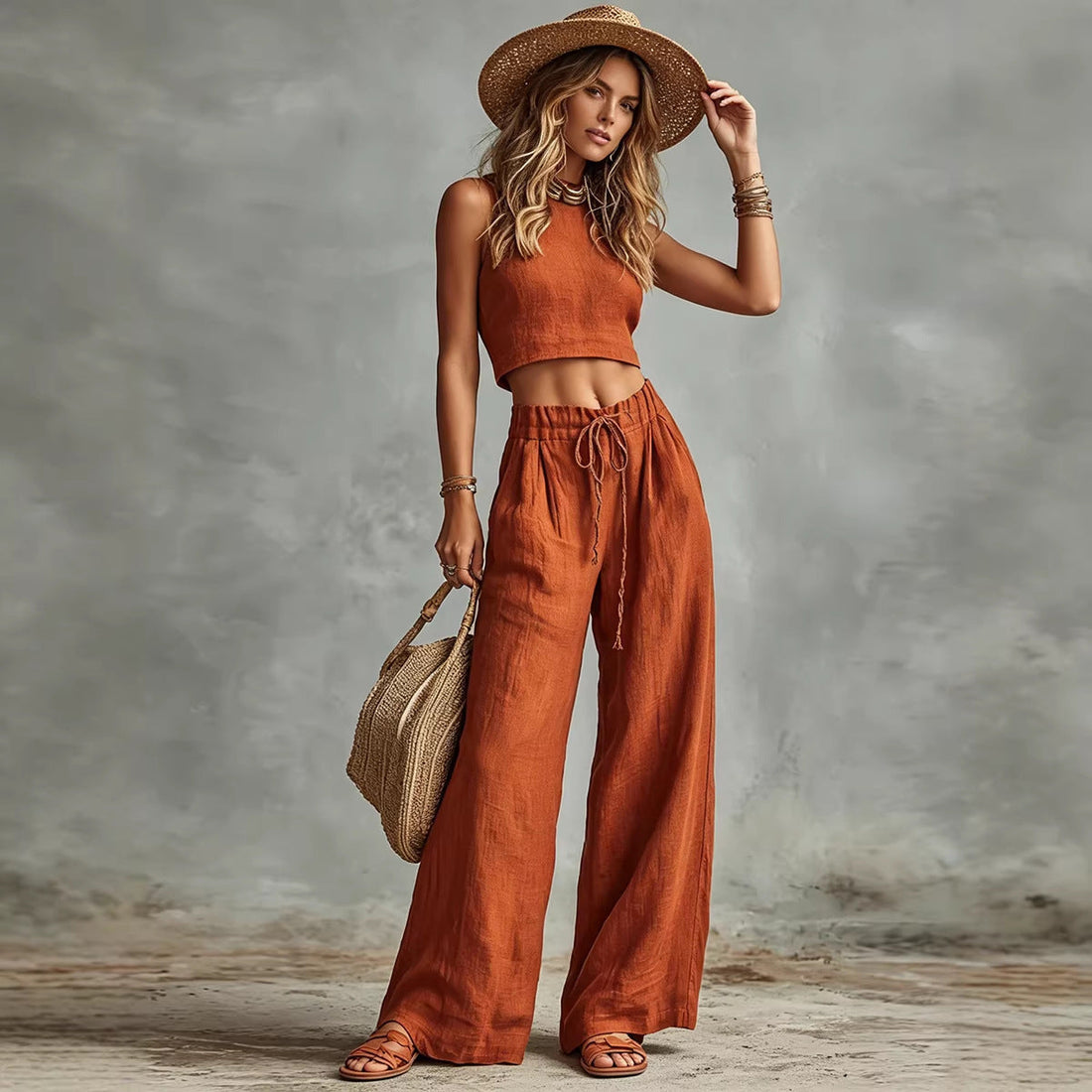A woman wearing a rust-colored sleeveless crop vest and matching wide-leg pants with a drawstring waist, styled with a straw hat and bag.