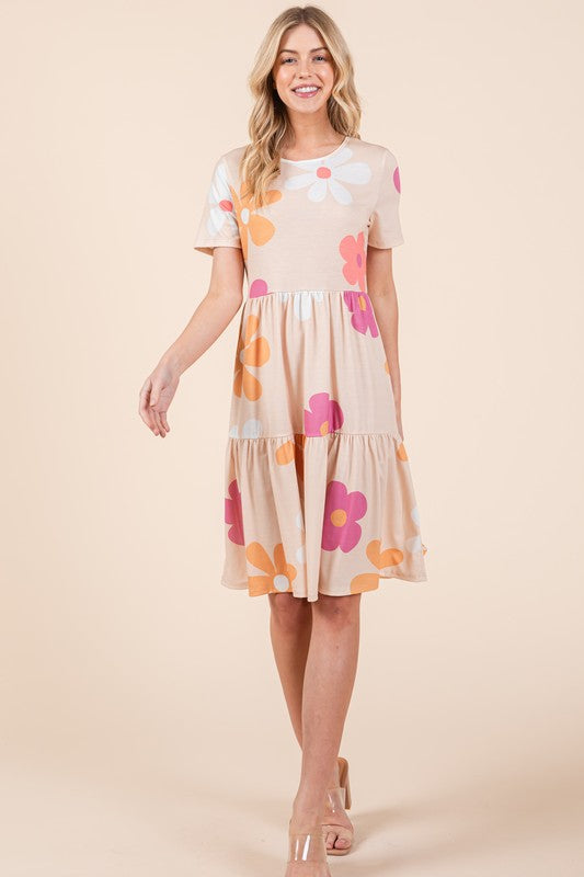 Floral Round Neck Short Sleeve Tiered Mini Dress