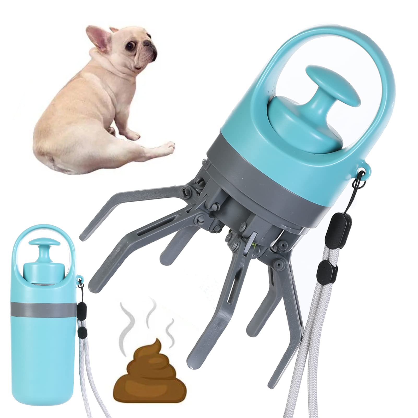 Portable teal and grey eight-claw dog pooper scooper with integrated waste bag dispenser