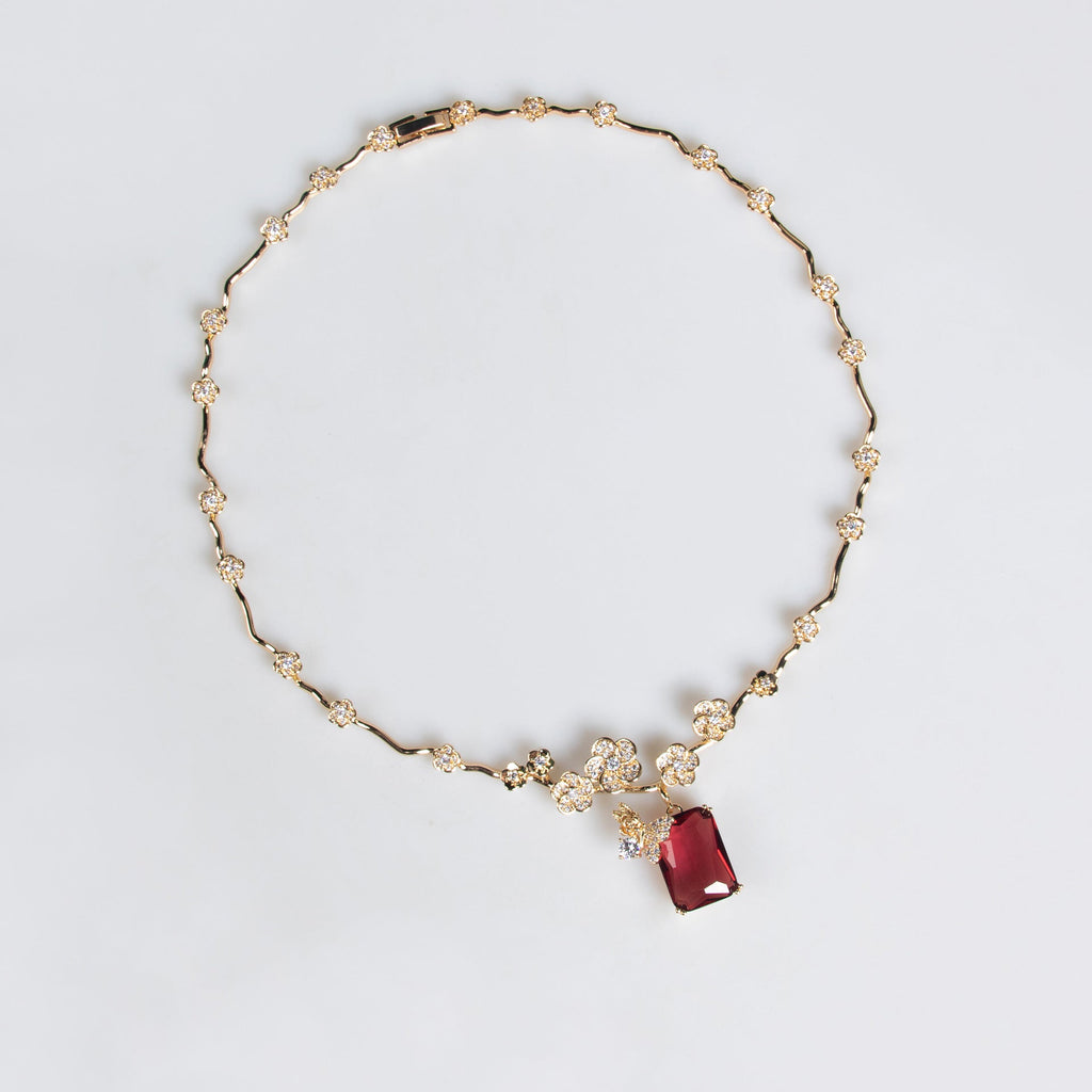 European And American New Ruby Necklace Earrings Suit Simple Joker Fashion Square Zircon Necklace Clavicle Chain Wholesale