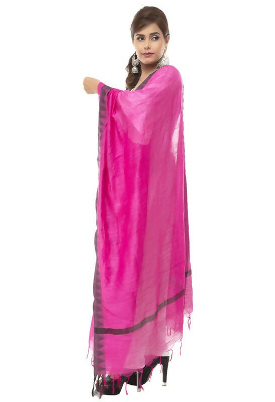 Cotton Black Temple Border Dupatta with Pink Accents