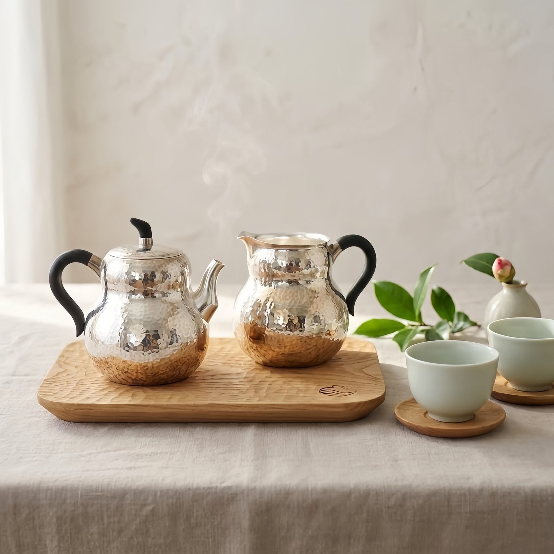 Hand-Hammered Fine Silver Teapot and Creamer Set with Black Handles