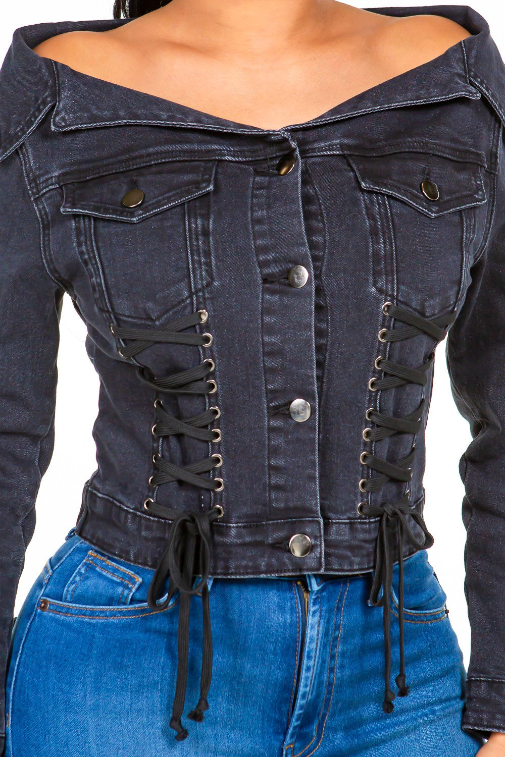 Women's Off-Shoulder Lace-Up Denim Jacket