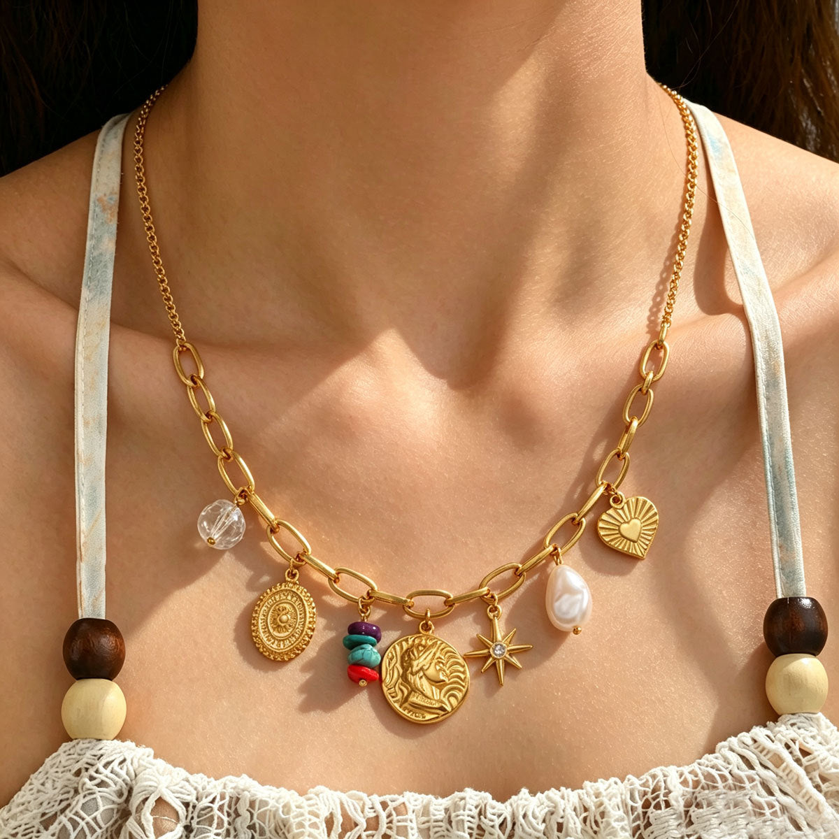 Women Boho Paperclip Multi Charm Necklace, Vintage Portrait Coin Heart Starfish Synthetic Turquoise Faux Pearl Pendant Gold Plated Retro Beach Vacation Daily Jewelry Gift