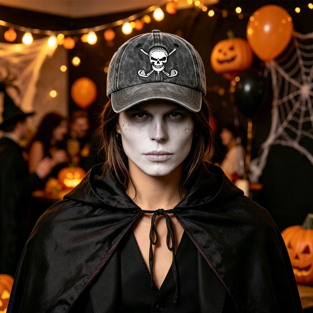 Halloween Golf Skull Embroidered Baseball Cap – Vintage Washed Distressed Hat