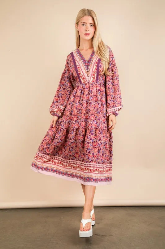 Boho floral V-neck dress with balloon sleeves in pink, purple, and orange