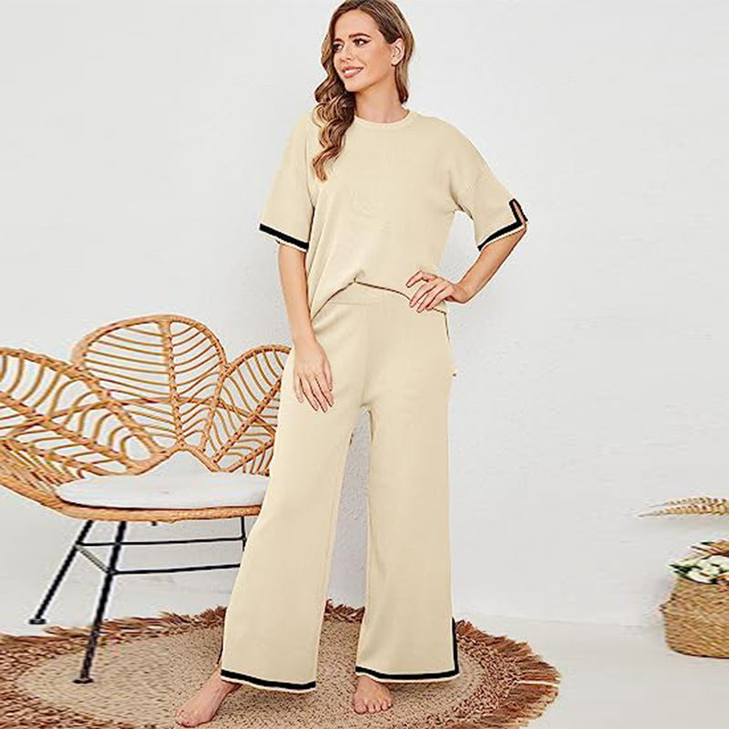 Women's Knit Three-Quarter Sleeve Pullover and Wide Leg Pants Set