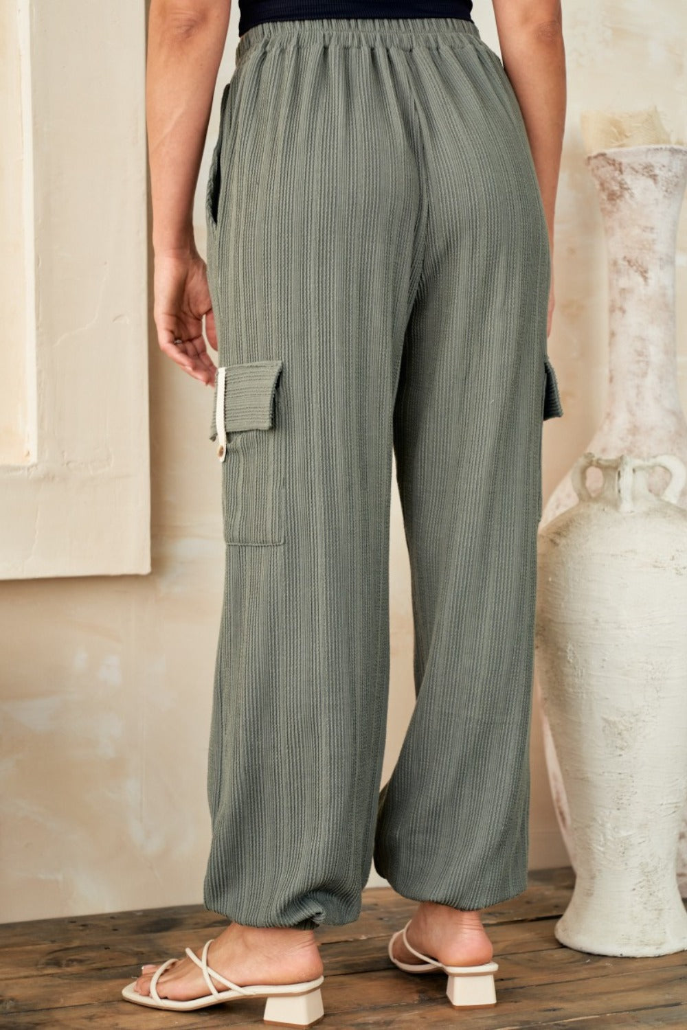 Textured Rib Cargo Pants in Sage Green