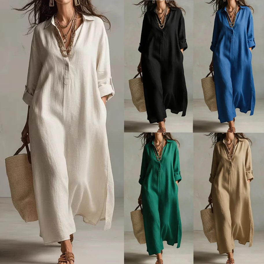 A woman wearing a beige long-sleeve linen blend shirt dress with a button-up collar and side hem slits.
