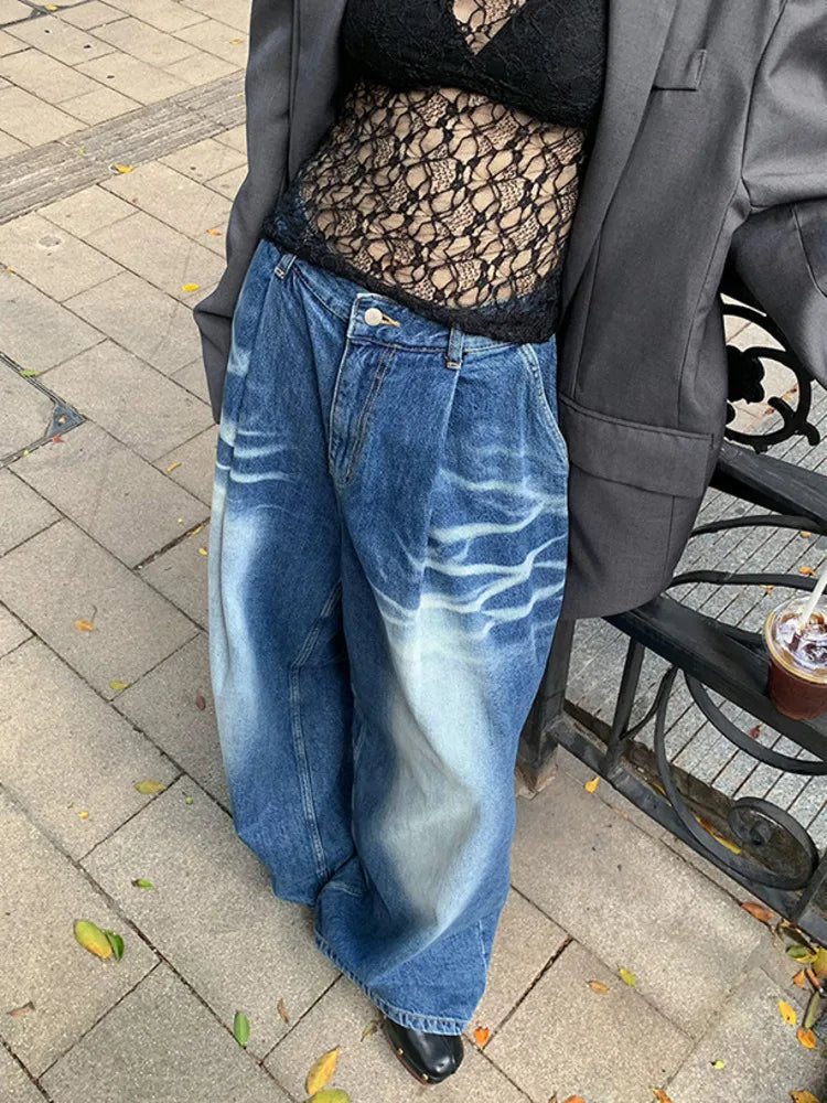 Classic Blue Harajuku Loose Pleated Wide Leg Denim Jeans - Image 4