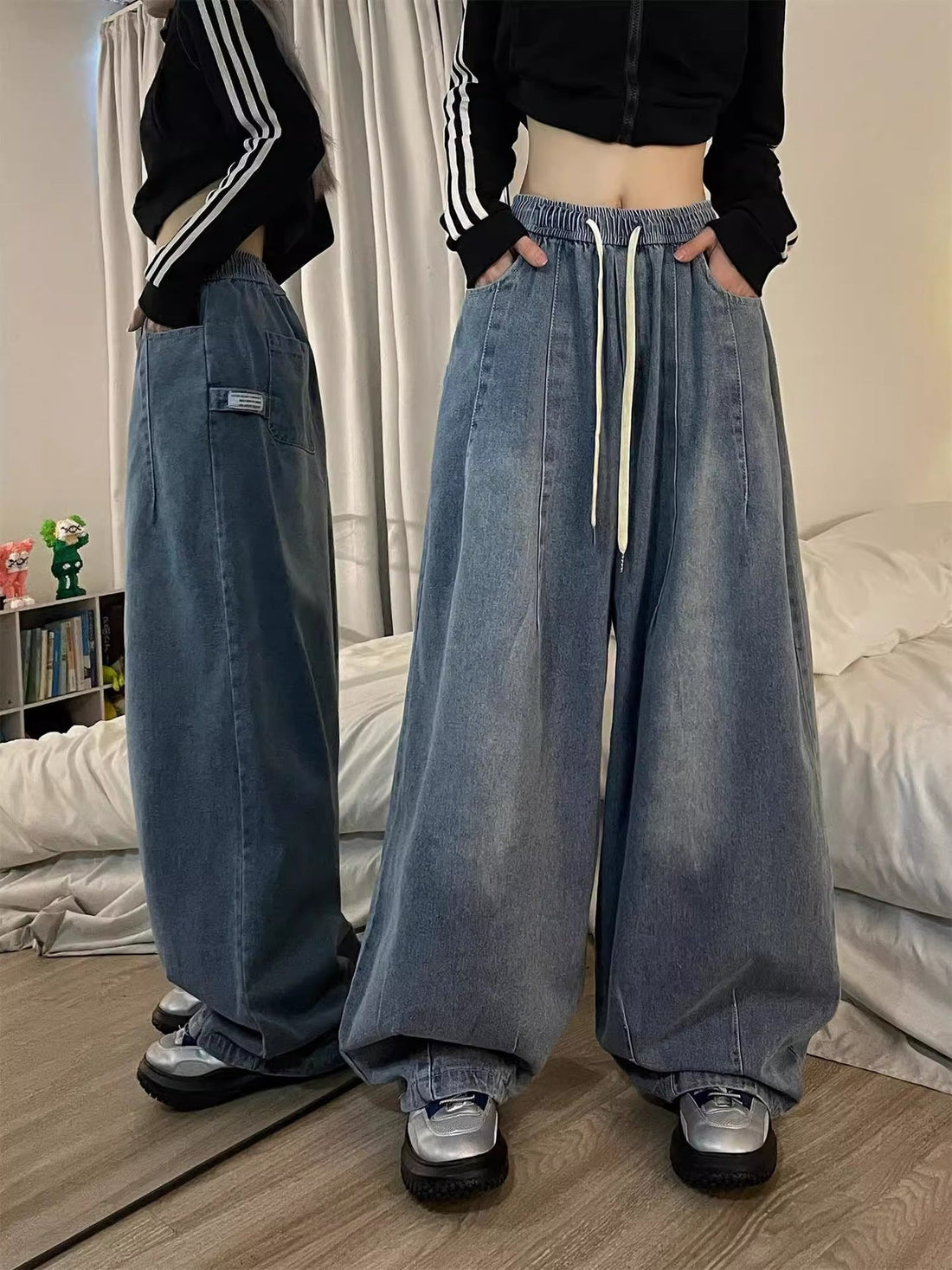 Women's Vintage Baggy Denim Jeans - Elastic Waist Wide Leg Style - Image 2
