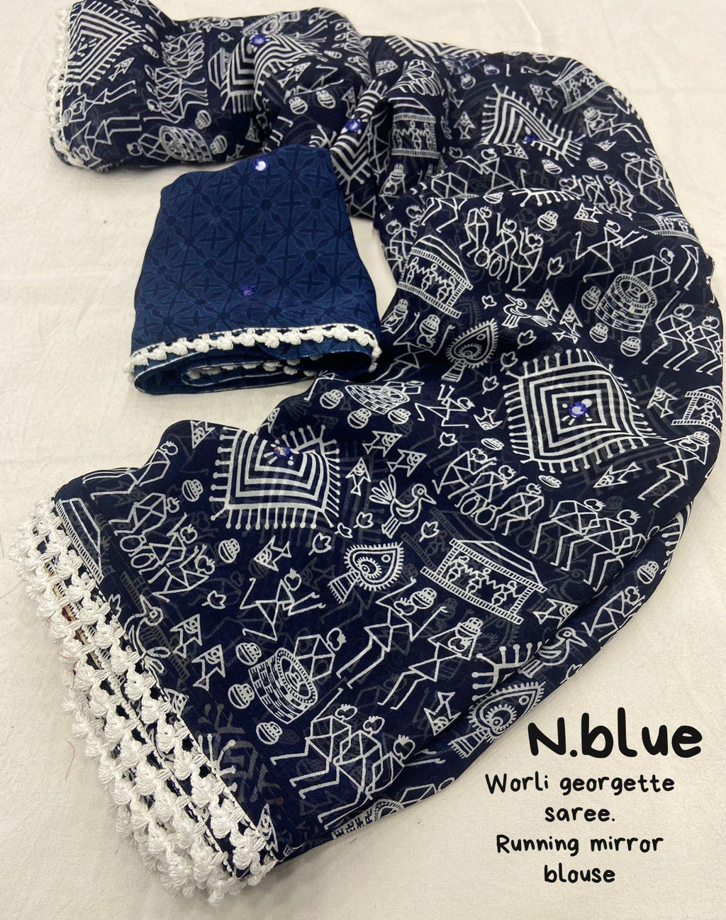 Blue Poly Georgette Saree with Aari Mirror Work and Ethnic Motifs
