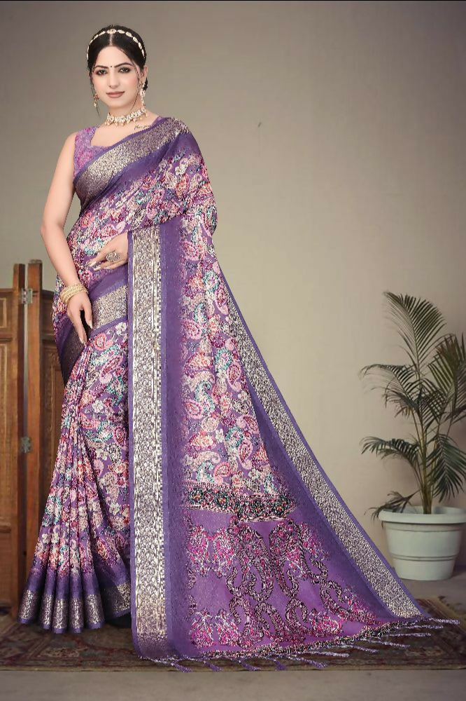 Heavy rich cotton silk saree with detailed digital print and textured jacquard weaving