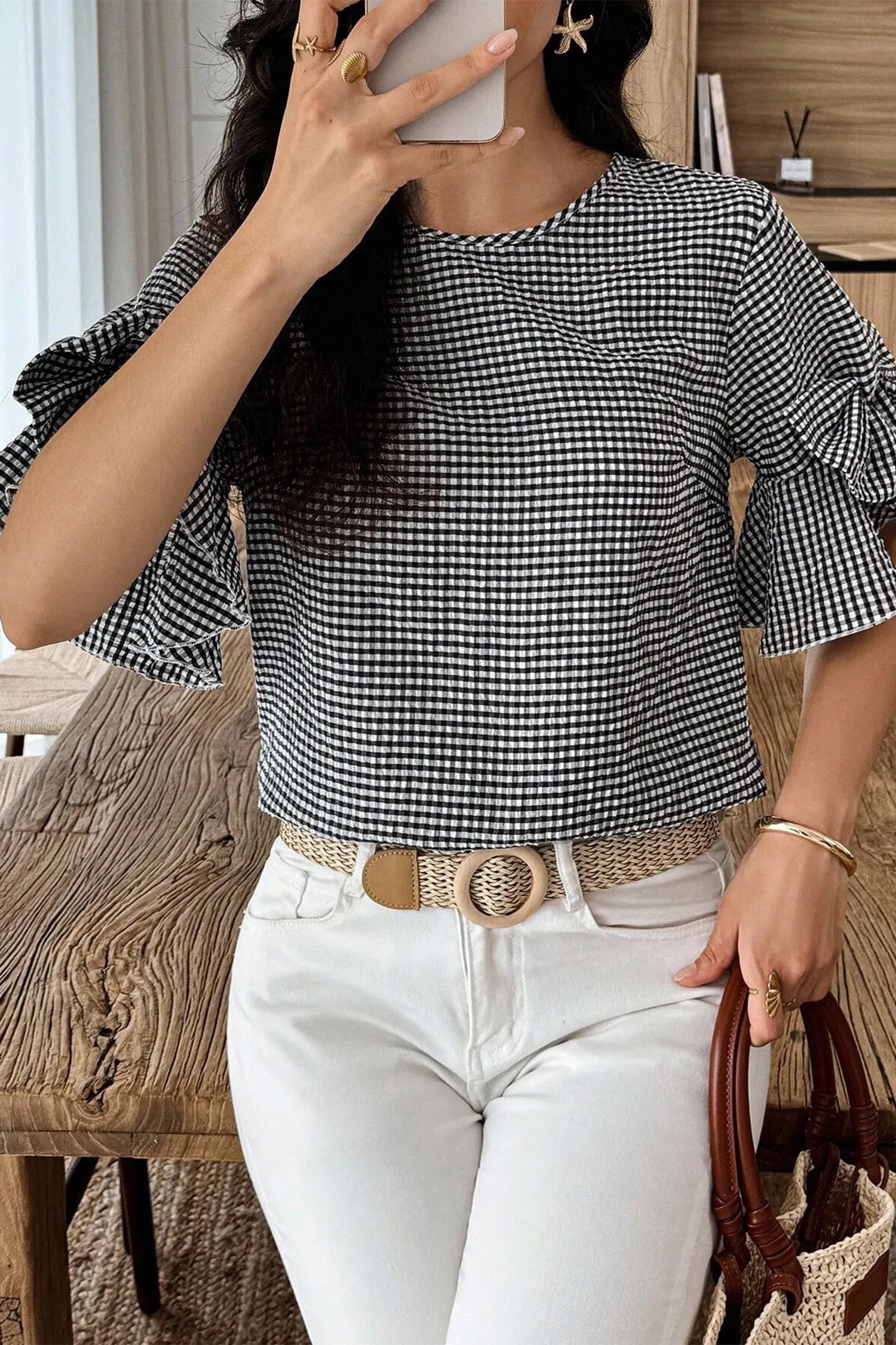Carolina Ruffled Half Sleeve Blouse with Bow Detail and Plaid