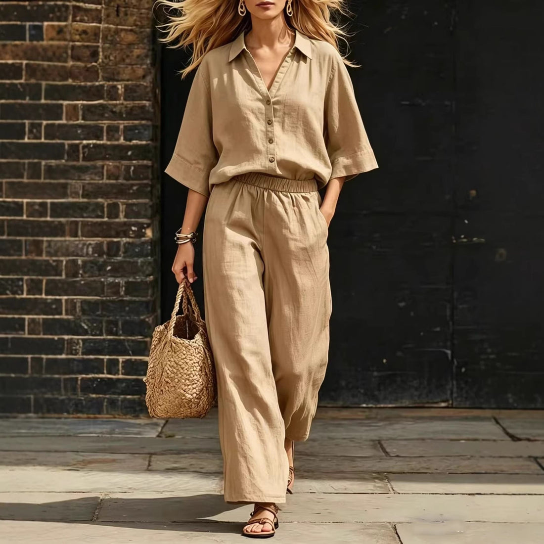 Women's Button-Down Shirt and Wide-Leg Pants Two-Piece Set - Image 4